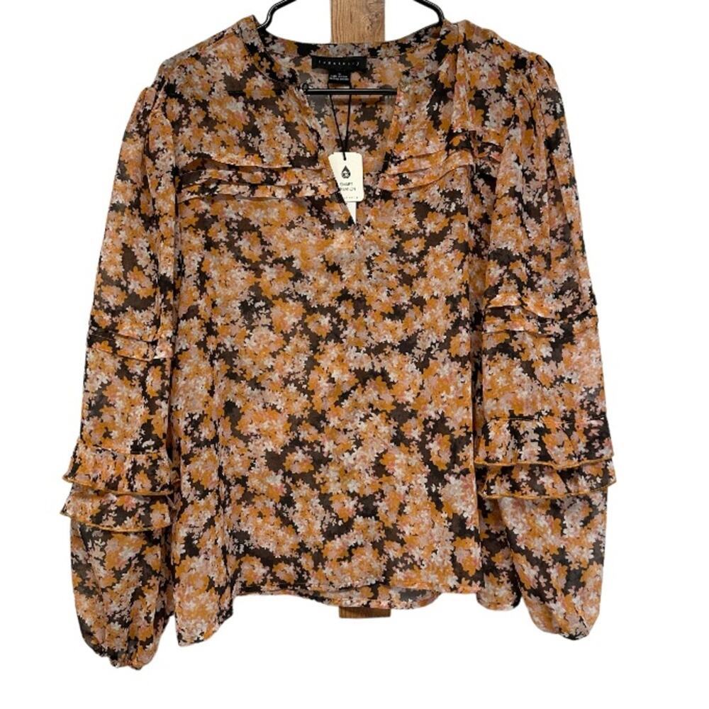 Sanctuary Pintuck Long Sleeve Pullover V Neck Floral Blouse in Harvest Size S